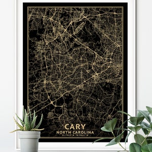 Cary North Carolina Map, Black, High Resolution Real Gold Leaf Texture, Coordinates, Map of Cary ...