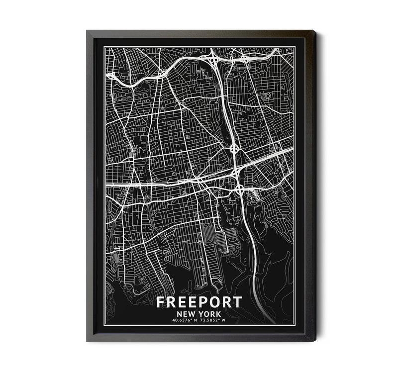 Freeport New York Map, Black and White, Inverted, Coordinates, Map of