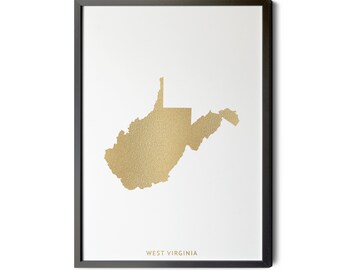 West Virginia Map, Gold Foil Texture, West Virginia Wall Art, West Virginia Poster, Map of West Virginia, WV Map, Silhouette, Printable