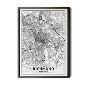 Richmond Virginia Map, Richmond Map Print, Black and White, Coordinates Map, Map of Richmond, Richmond VA Map, Perfect Details, Printable