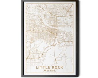 Little Rock Arkansas Map, High Resolution Real Gold Leaf Texture, Coordinates, Map of Little Rock AK, City Map, Perfect Details, Printable