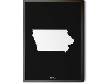 Iowa Map, Black and White, Inverted, Minimalist, Map of Iowa, Iowa State Map Art, IA, Map, Instant Download, Silhouette, Printable