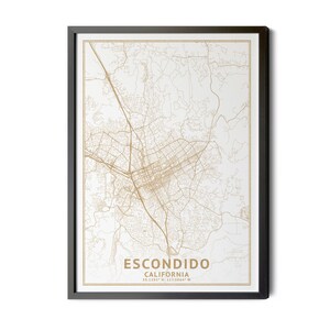 Escondido California Map, High Resolution Real Gold Leaf Texture, Coordinates, Map of Escondido, Escondido CA, Perfect Details, Printable