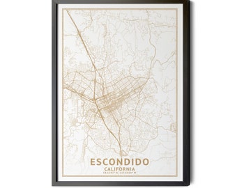 Escondido California Map, High Resolution Real Gold Leaf Texture, Coordinates, Map of Escondido, Escondido CA, Perfect Details, Printable