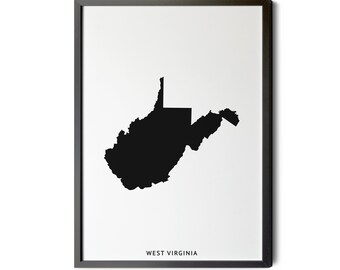 West Virginia Map, Black and White, Minimalist, West Virginia Wall Art, West Virginia Poster, Map of West Virginia, WV Silhouette, Printable