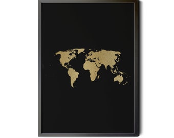 Gold Foil World Map Print: Black Silhouette Wall Art (Digital Download)