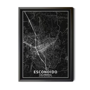 Escondido California Map, Black and White, Inverted, Coordinates, Map of Escondido, Escondido CA, City Map, Perfect Details, Printable