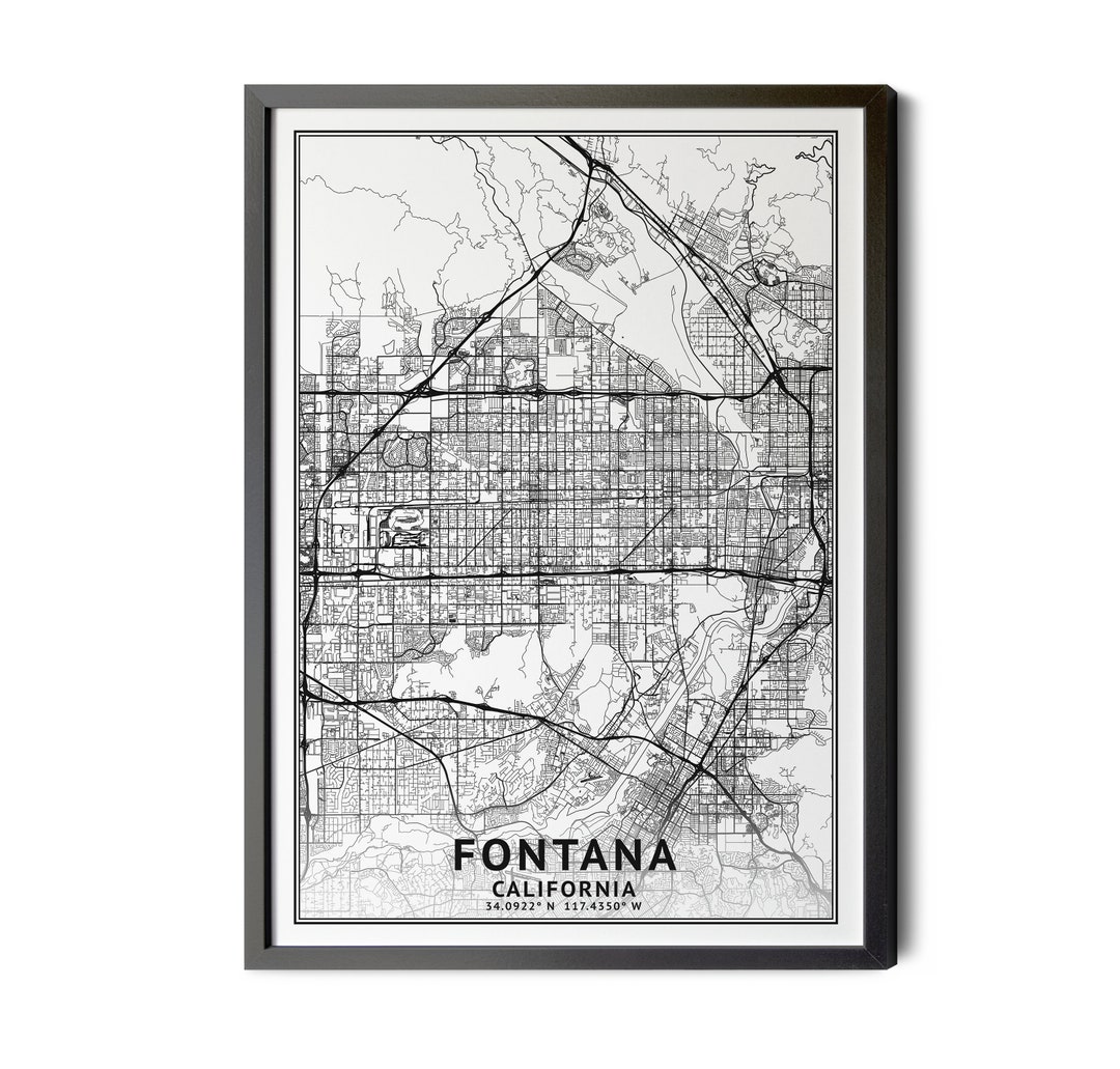 Fontana California Map, Black and White, Coordinates, Map of Fontana, Fontana CA, City Street ...