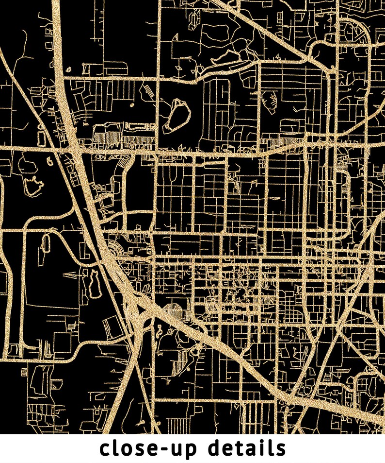 Denton Texas Map, Black, High Resolution Real Gold Leaf Texture, Coordinates, Map of Denton ...