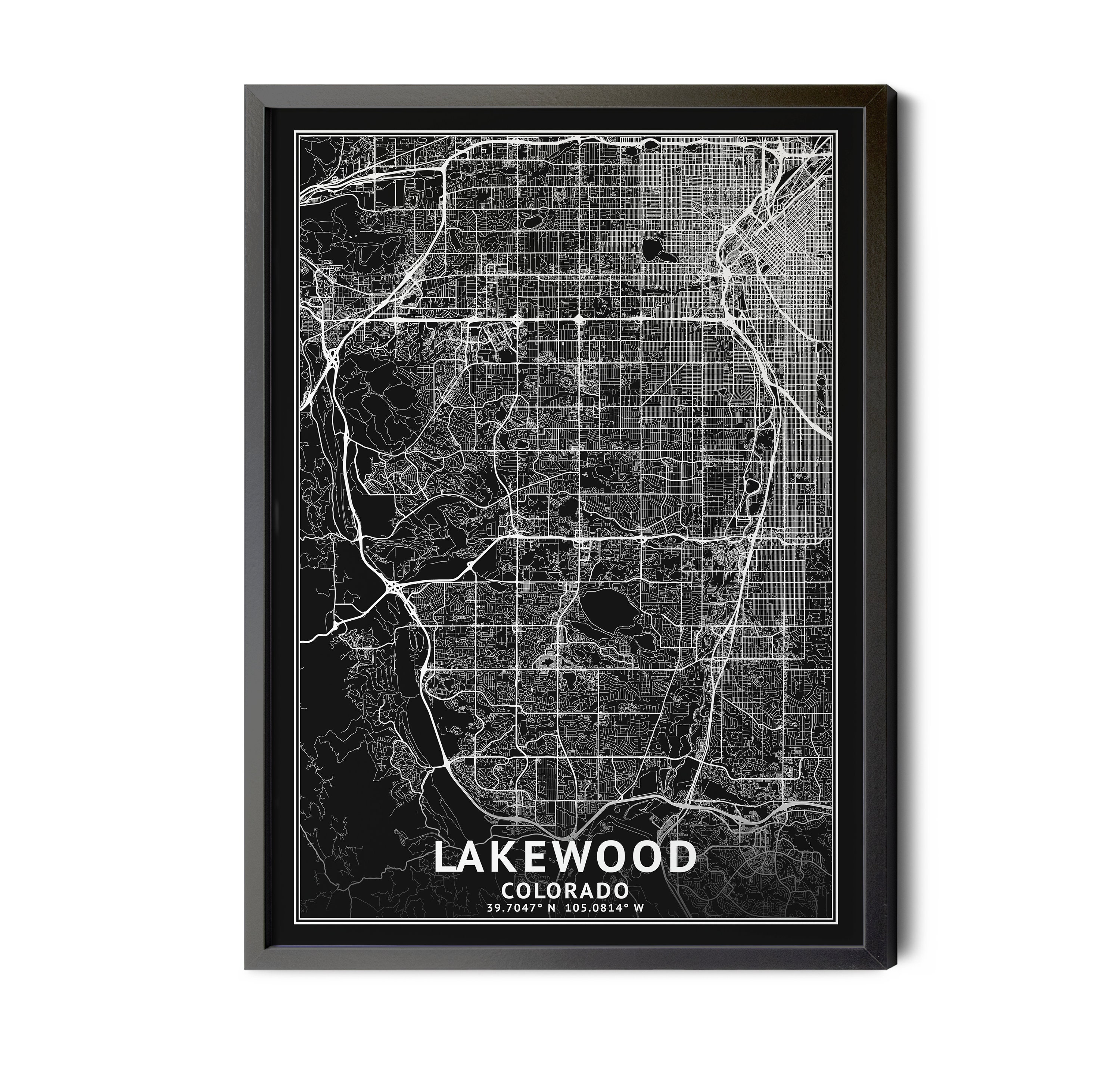 Lakewood Colorado Map, Black and White, Inverted, Coordinates, Map of Lakewood, Lakewood CO, City Map, Map Art, Perfect Details, Printable