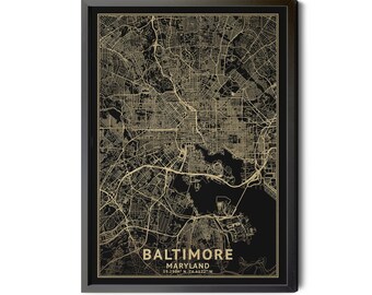 Baltimore Maryland Map Print, Black and Gold Leaf, City Art (Digital Download)