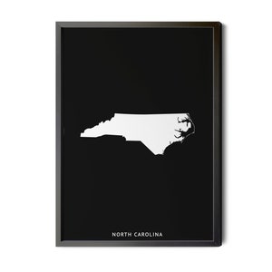 North Carolina Map, Black and White, Inverted, Minimalist, North Carolina Wall Art, Map of North Carolina, NC Map, Silhouette, Printable