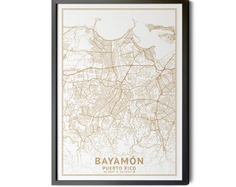 Bayamon Puerto Rico Map, High Resolution Real Gold Leaf Texture, Coordinates, Map of Bayamon, Bayamon PR, Map, Perfect Details, Printable