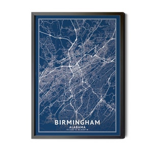 Birmingham Alabama Map, Blue, Coordinates, Map of Birmingham, Birmingham AL, Map Art, City Street Map, Perfect Details, Printable