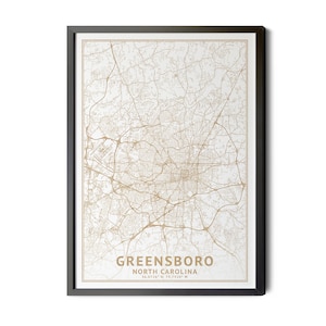 Greensboro North Carolina Map, High Resolution Real Gold Leaf Texture, Coordinates, Map of Greensboro NC,  Perfect Details, Printable