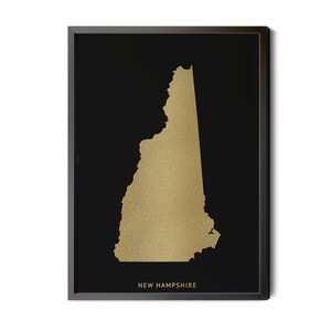 New Hampshire Map, Black, Gold Foil Texture, Contemporary, New Hampshire Wall Art, Map of New Hampshire, New Hampshire Silhouette, Printable