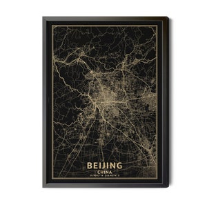 Beijing China Map, Black, High Resolution Real Gold Leaf Texture, Coordinates, Map of Beijing, Beijing CHN, Perfect Details, Printable