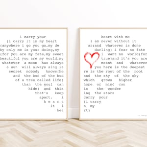 i carry your heart e.e. cummings - printable poem wall art (set of 2). Bedroom wall art, master bedroom decor. INSTANT DOWNLOAD