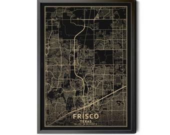 Frisco Texas Map, Black, High Resolution Real Gold Leaf Texture, Coordinates, Map of Frisco, Frisco TX, City Map, Perfect Details, Printable