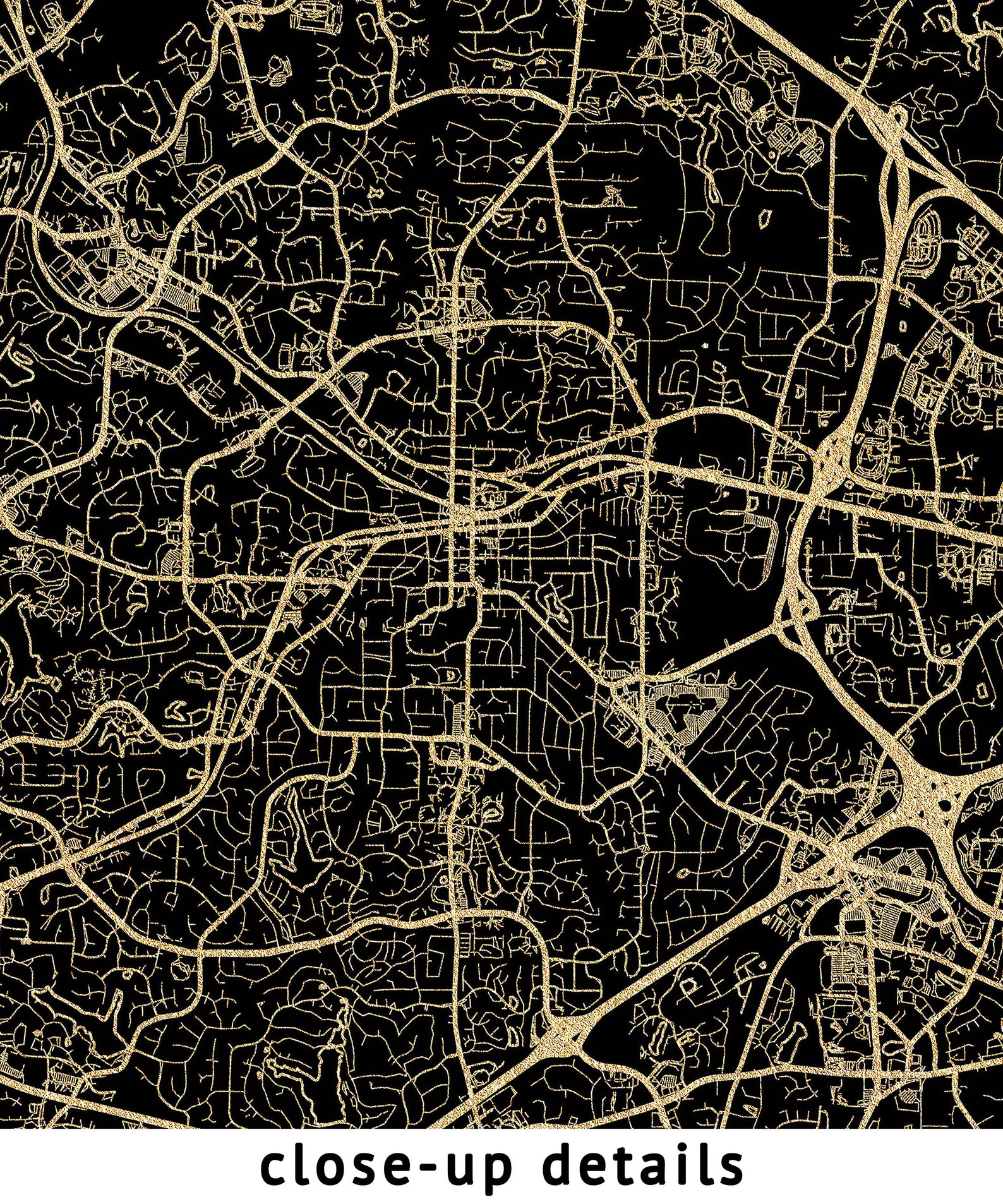 Cary North Carolina Map, Black, High Resolution Real Gold Leaf Texture