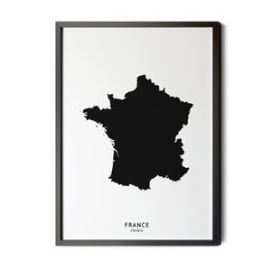 France Map, Black and White, Minimalist, English and Native Country Name, FR, FRA, France Map Print, Map Art, Silhouette, Printable (2)