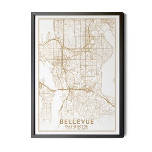 Bellevue Washington Map, High Resolution Real Gold Leaf Texture, Coordinates, Map of Bellevue, Bellevue WA, Perfect Details, Printable
