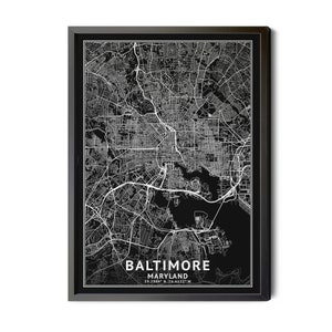 Baltimore Maryland Map, Black and White, Inverted, Coordinates, Map of Baltimore, Baltimore MD, Map Art, Perfect Details, Printable