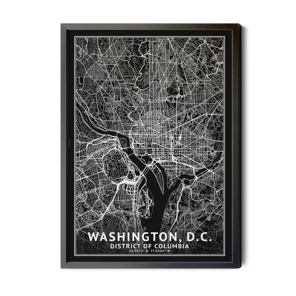 Washington DC Map, Black and White, Inverted, Coordinates, Washington DC Poster, Street Map, Map of Washington DC, Perfect Details