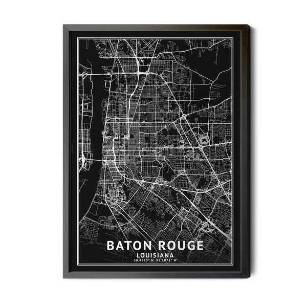 Baton Rouge Lousiana Map, Black and White, Inverted, Coordinates, Map of Baton Rouge, Baton Rouge LA, Map Art, Perfect Details, Printable