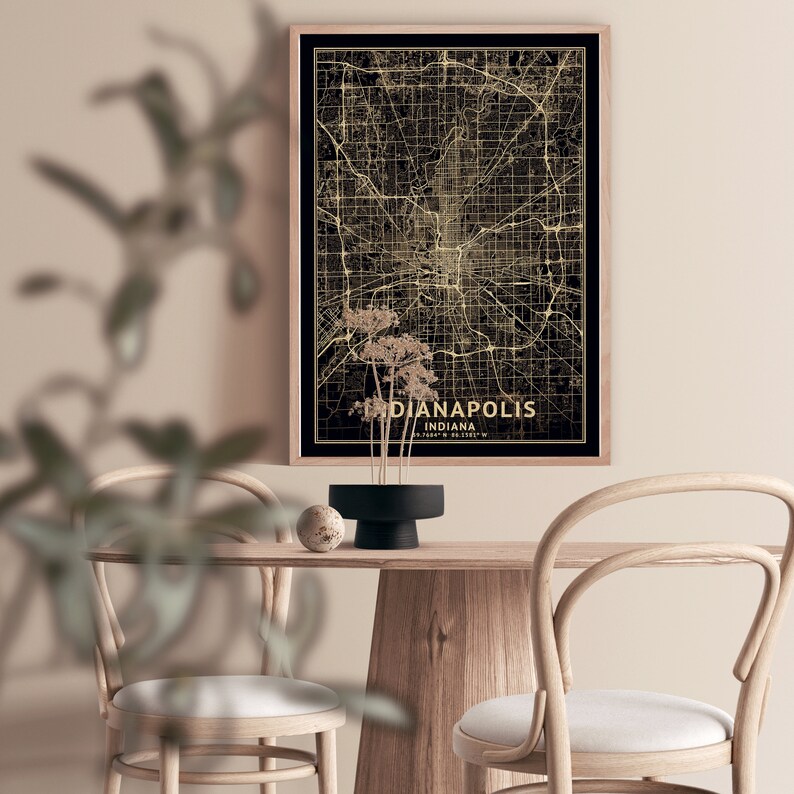 Indianapolis Indiana Map, Black, High Resolution Real Gold Leaf Texture ...