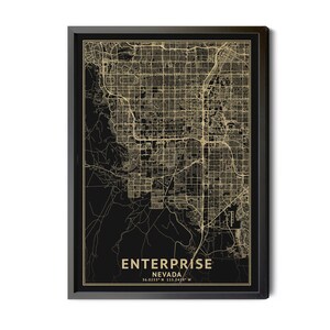 Enterprise Nevada Map, Black, High Resolution Real Gold Leaf Texture, Coordinates, Map of Enterprise NV, Perfect Details, Printable