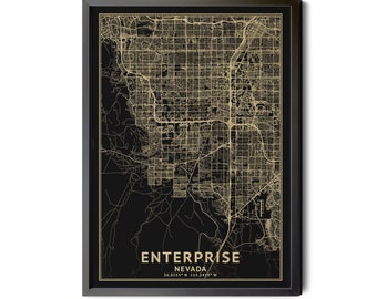 Enterprise Nevada Map, Black, High Resolution Real Gold Leaf Texture, Coordinates, Map of Enterprise NV, Perfect Details, Printable