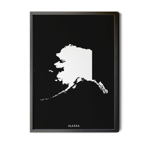 Alaska Map, Black and White, Inverted, Minimalist, Map of Alaska, AK Map, Alaska Wall Decor, Map Wall Art, Silhouette, Printable Map