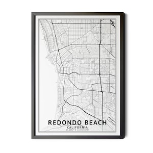 Redondo Beach California Map, Black and White, Coordinates, Map of Redondo Beach, Redondo Beach CA, City Map, Perfect Details, Printable