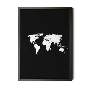 World Map, Black and White, Inverted, World Map Wall Art, Minimalist, Map of The World, Map Poster, Map Print, Silhouette, Printable