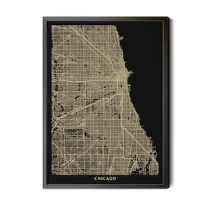 Chicago Illinois Map, Black, High Resolution Real Gold Leaf Texture, Map of Chicago, Chicago IL Map Poster, Perfect Details, Printable