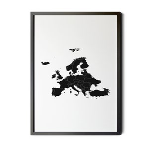 Europe Map, With Countries Outlines, Black and White, Minimalist, Silhouette, Map of Europe, Map Art Wall Art, Scandinavian Decor, Printable