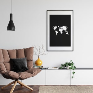 World Map Black and White Inverted World Map Wall Art - Etsy