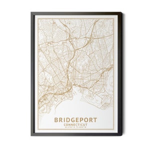 Bridgeport Connecticut Map, High Resolution Real Gold Leaf Texture, Coordinates, Map of Bridgeport, City Map, Perfect Details, Printable.