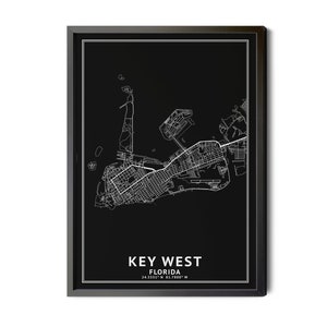 Key West Florida Map, Black and White, Inverted, Coordinates, Map of Key West, Key West FL, City Map, Map Art, Perfect Details, Printable