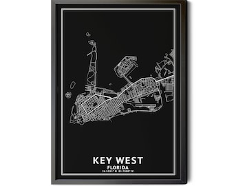 Key West Florida Map, Black and White, Inverted, Coordinates, Map of Key West, Key West FL, City Map, Map Art, Perfect Details, Printable