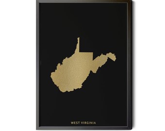 West Virginia Map, Black, Gold Foil Texture, West Virginia Wall Art, West Virginia Poster, Map of West Virginia, WV Silhouette, Printable