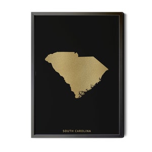 South Carolina Map, Black, Gold Foil Texture, South Carolina Wall Art, South Carolina Poster, Map of South Carolina, Silhouette, Printable