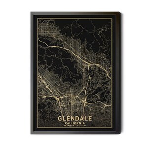 Glendale California Map, Black, High Resolution Real Gold Leaf Texture, Coordinates, Map of Glendale CA, Perfect Details, Printable