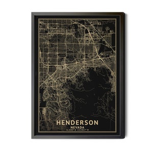 Henderson Nevada Map, Black, High Resolution Real Gold Leaf Texture, Coordinates, Map of Henderson, Henderson NV, Perfect Details, Printable