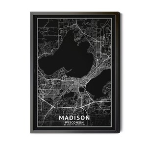 Madison Wisconsin Map, Black and White, Inverted, Coordinates, Map of Madison, Madison WI, City Map, Map Art, Perfect Details, Printable