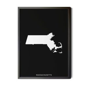 Massachusetts Map, Black and White, Inverted, Minimalist, Massachusetts Wall Art, Map of Massachusetts,  MA Map, Silhouette, Printable