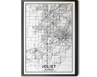 Joliet Illinois Map, Black and White, Coordinates, Map of Joliet, Joliet IL, City Street Map, Perfect Details, Printable