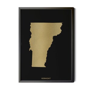 Vermont Map, Black, Gold Foil Texture, Vermont Wall Art, Vermont Poster, Map of Vermont, VT Map, State Map Art, Silhouette, Printable