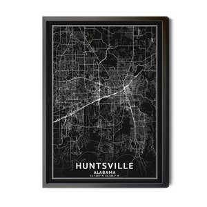 Huntsville Alabama Map, Black and White, Inverted, Coordinates, Map of Huntsville, Huntsville AL, City Map, Perfect Details, Printable